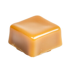 Soft creamy caramel square with a golden-brown finish placed on a plain white background, perfect for showcasing its sweet indulgence