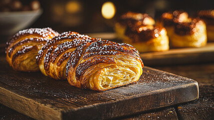 Golden flaky pastries rustic background. Gourmet bakery treats, indulgent breakfast options