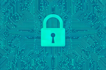 The image depicts a blue circuit board with a green lock icon in the center, symbolizing security and protection in a technological context