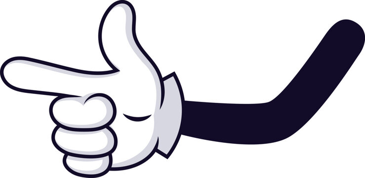 Cartoon hand making a playful gun gesture, with index finger and thumb extended like a pistol, expressing both humor and a hint of threat in a whimsical manner