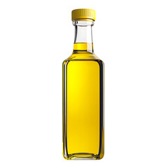 Stylish olive oil bottle with golden liquid and minimalistic design on a plain white background,...