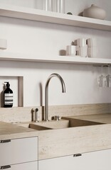Scandinavian classic kitchen with wooden and white details, minimalistic interior design 3d illustration