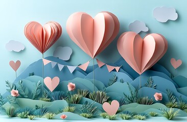 Paper hearts and flowers on a soft blue background



