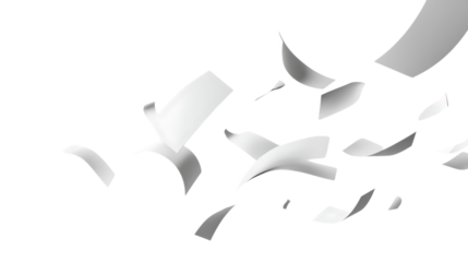 White paper flying in the air on a plain transparent background, creating a simple and clean look with a feeling of motion and freedom