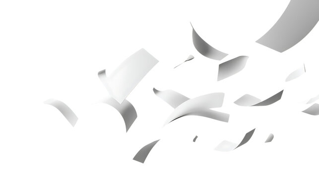 White paper flying in the air on a plain transparent background, creating a simple and clean look with a feeling of motion and freedom