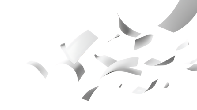 White paper flying in the air on a plain transparent background, creating a simple and clean look with a feeling of motion and freedom
