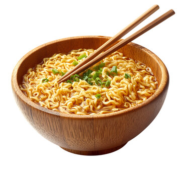 Wooden bowl of instant noodles with chopsticks on a bright white background, focusing on the delicious and easy-to-make comfort food