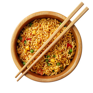 Wooden bowl of instant noodles with chopsticks on a bright white background, focusing on the fresh, flavorful look of a quick and satisfying dish