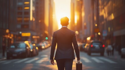 A businessman walks down a city street at sunset, briefcase in hand. The warm light casts a golden glow on the scene, creating a feeling of ambition and success.