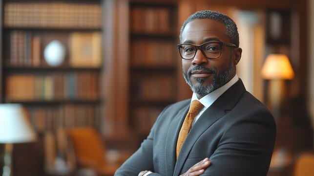 Portrait of a confident African American man in a suit, standing with arms crossed in a library setting. Warm lighting and rich colors create a professional and sophisticated mood.
