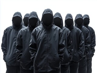 A rapper group formed by people dressed in black clothes, side by side, wearing black jackets with hoods