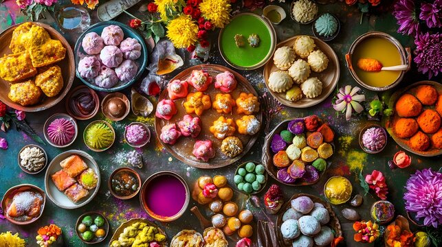 A vibrant Holi feast! Colorful sweets, powders, and flowers create a festive table spread. Delicious treats and vibrant hues celebrate the festival of colors.