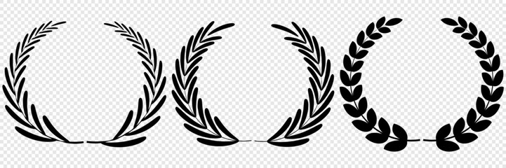 Vector black laurels set. Circular foliate laurels branches. Laurel wreath silhouette. Trophy crest. Greek olive branch award, winner round emblem