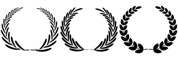 Vector black laurels set. Circular foliate laurels branches. Laurel wreath silhouette. Trophy crest. Greek olive branch award, winner round emblem