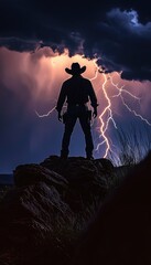 Obraz premium Dramatic Cowboy Silhouette Amidst Storm and Lightning on Rocky Ridge