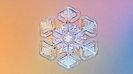 Close-up view of a snowflake showcasing intricate details and unique structure against a soft pastel background
