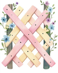 A lattice garden fence made of light pink and soft yellow wooden strips in a crisscross pattern. small, cheerful flowers blooming along the edges in pastel blue and purple, with green vines