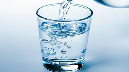 Pure water pouring into a glass on white background for hydration and design projects