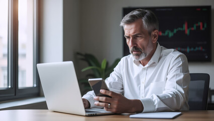 Focused Businessman: A mature businessman sits at his desk, intently reviewing his smartphone and laptop.  He exudes professionalism and concentration, conveying a sense of serious business.