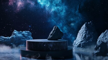abstract display podium rock stone asteroid float outer space galaxy product stand cosmetic skin care advertising planet dark black concept universe stars cosmos. clipping path. 3D Illustration.
