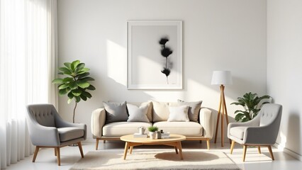 A Scandinavian-inspired minimalist living room with a beige sofa, light oak table, and ivory rug. A perfect example of simplicity, natural materials, and cozy modern aesthetics