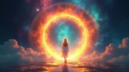 A mystical depiction of astral projection featuring a glowing portal to a higher spiritual dimension.