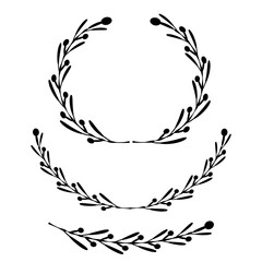 Set of wreaths and branches with leaves. Hand drawing laurel wreaths and branches collection. Laurels wreaths, swirls, twigs and flower ornaments. Herbs, flowers and plants elements. Design elements.