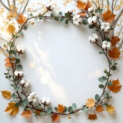 Autumnal Eucalyptus & Cotton Flower Frame, Flat Lay Fall Wreath with Golden Light Background