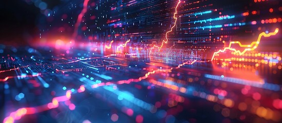 Fototapeta premium Dynamic abstract background depicting global technology and stock market trends, illuminated by radiant lightning streaks against a dark backdrop.