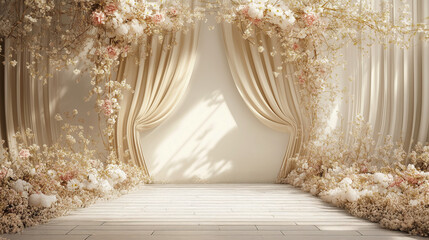 Luxurious wedding, maternity, or event backdrop featuring flowing cream drapery, cascading golden branches, delicate white florals, and blush roses in a sunlit space with elegant wooden flooring