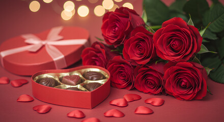 Romantic Valentine's Day Gift: Red Roses and Chocolate Heart Box