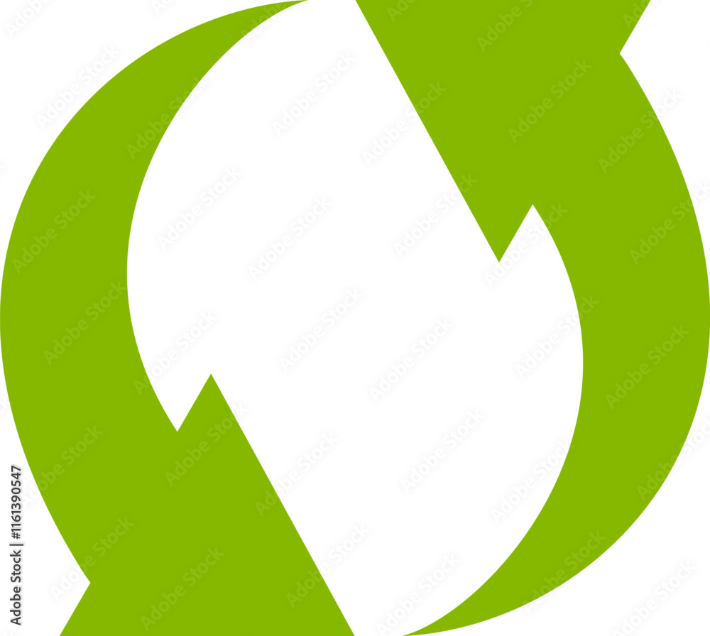 Poster two dynamic curved green arrows intertwining and rotating, symbolizing the continuous cycle of recyc