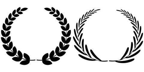 Vector black laurels set. Circular foliate laurels branches. Laurel wreath silhouette. Trophy crest. Greek olive branch award, winner round emblem