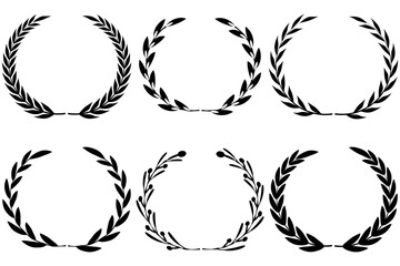Vector black laurels set. Circular foliate laurels branches. Laurel wreath silhouette. Trophy crest. Greek olive branch award, winner round emblem