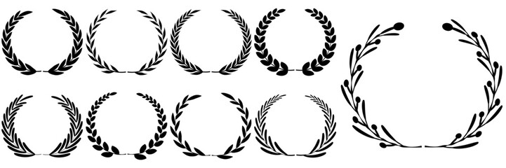 Obraz premium Vector black laurels set. Circular foliate laurels branches. Laurel wreath silhouette. Trophy crest. Greek olive branch award, winner round emblem