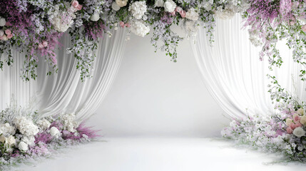 Elegant wedding or maternity backdrop with cascading white drapery, lush floral arrangements of pink, white, and purple blooms, and delicate greenery for a romantic background