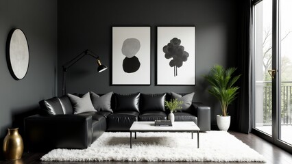 A modern monochrome living room with black leather, white marble, and matte gray walls. The perfect balance of bold sophistication and sleek contemporary design for urban interiors