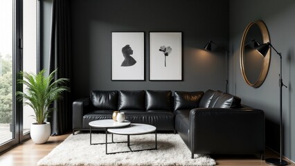 A modern monochrome living room with black leather, white marble, and matte gray walls. The perfect balance of bold sophistication and sleek contemporary design for urban interiors