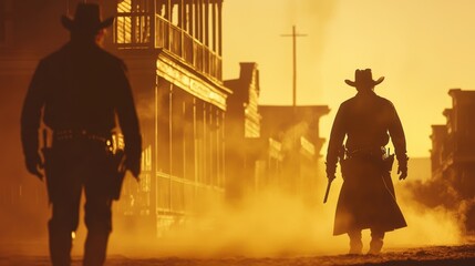 Dramatic Western Showdown at Sunset: Sheriff and Outlaw Face-Off on Dusty Street