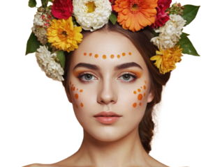 Beautiful woman adorned with colorful floral crown and artistic orange makeup celebrating nature and beauty