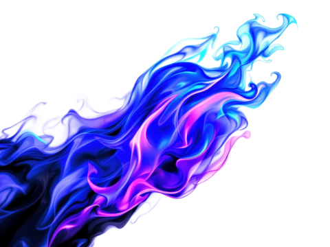 Vibrant swirling flames in shades of blue and pink create an ethereal impression against a minimalist white backdrop, evoking a sense of movement and energy