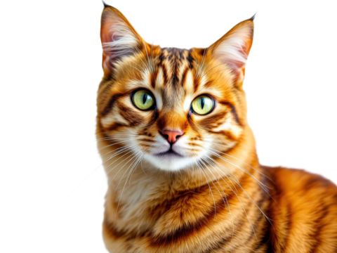 Vibrant orange tabby cat with striking green eyes gazes thoughtfully, capturing attention with its lively expression and soft fur under natural light