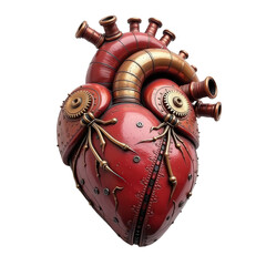 Intricate steampunk heart design featuring gears, pipes, and vivid red color isolated on a white background