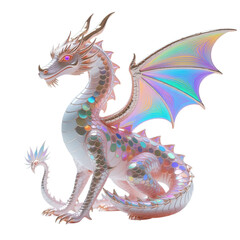 Naklejka premium Majestic dragon creature displays iridescent scales and vibrant wings, poised gracefully against a pristine white backdrop, captivating all with its enchanting charm