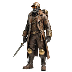 Fototapeta premium Steampunk adventurer stands confidently in a detailed leather outfit, brandishing a sword, showcasing a unique blend of vintage fashion and futuristic elements