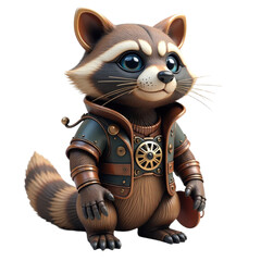 Charming raccoon character dressed in steampunk attire, ready for adventure with a whimsical expression and unique costume details. This delightful creature stands against a clean backdrop