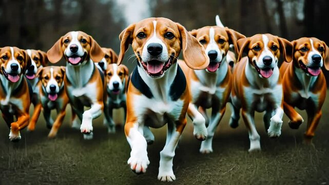 Beagles run joyfully through a forested area during early morning light