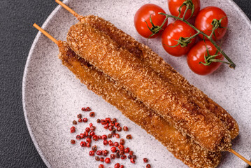 Lula kebab meat fried on a fire in breading with salt, spices and herbs