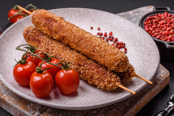 Lula kebab meat fried on a fire in breading with salt, spices and herbs