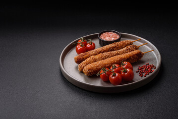 Lula kebab meat fried on a fire in breading with salt, spices and herbs